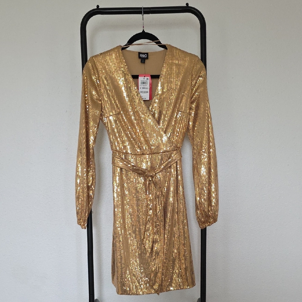 INC International Concepts Metallic Gold Sequin Wrap Dress